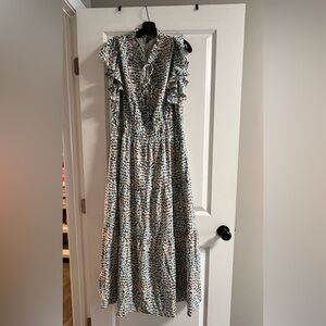 NWT Ruffled Sleeveless Maxi Dress with Blue, Burnt Orange and White print